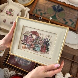 Framed Floral Cross-Stitch Artwork in Cream & Gold Frame